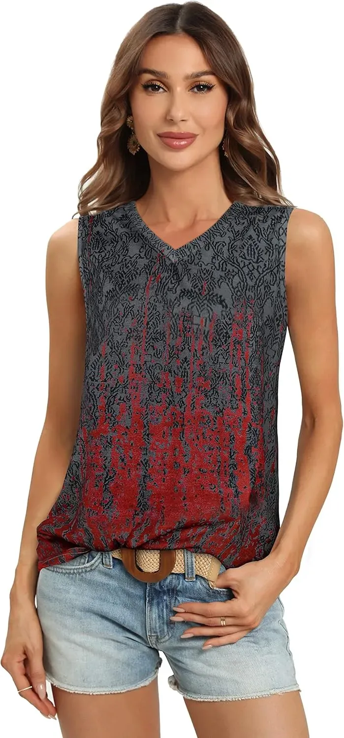 Summer Tops for Women Sleeveless V Neck Tshirt Loose Fit Casual Tank Tunic Blouse
