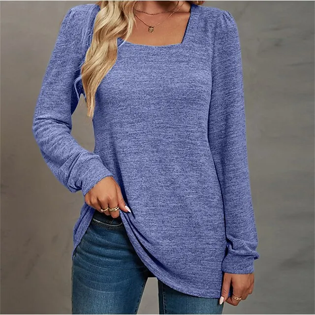 Women's T shirt Tee Cotton Light Blue Pink Apricot Plain Long Sleeve Casual Daily Holiday Basic U Neck Regular Fit Fall & Winter