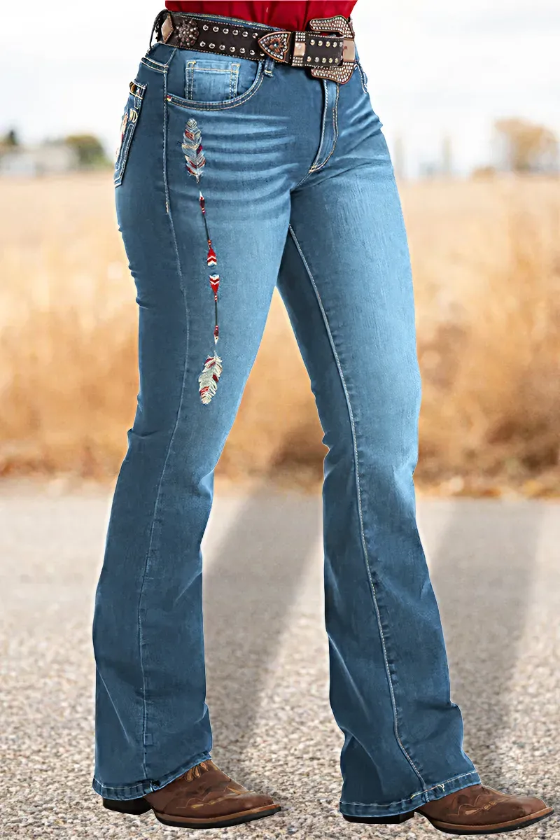 Feather Embroidery Mid Rise Bootcut Jeans