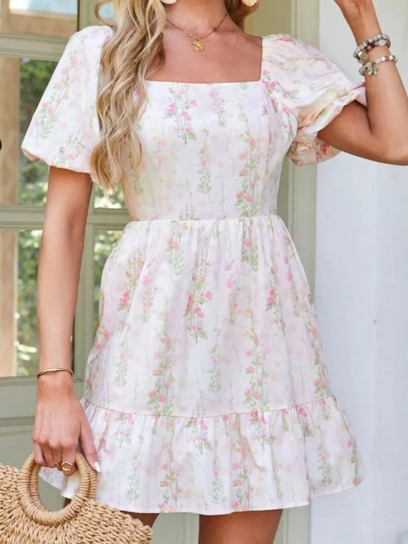 Cute Puff Sleeves Waist-Cinching Pink Dress