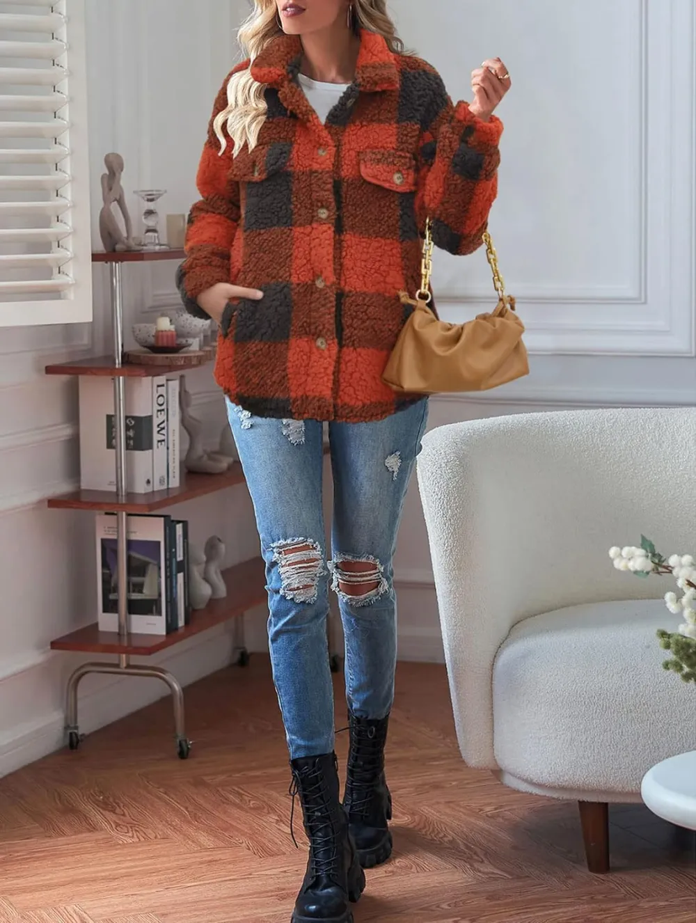 Women's Fleece Plaid Jacket Coats Button Down Lapel Sherpa Shacket Outwear with Pockets