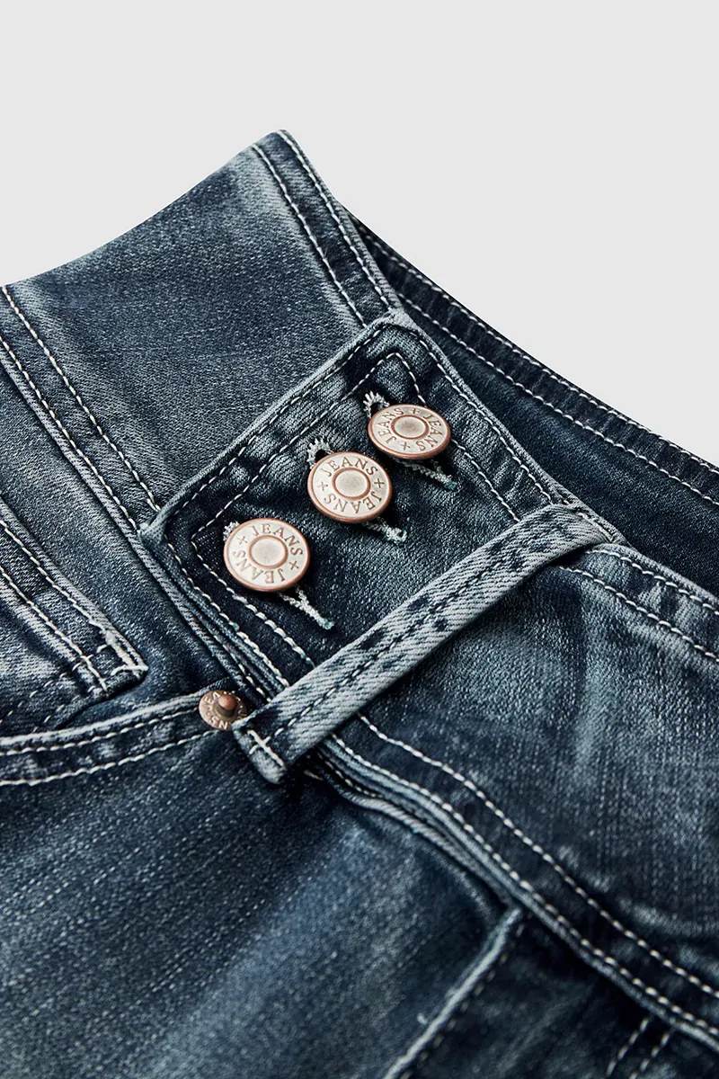 Vintage Button Side Design Mid Waist Flare Jeans