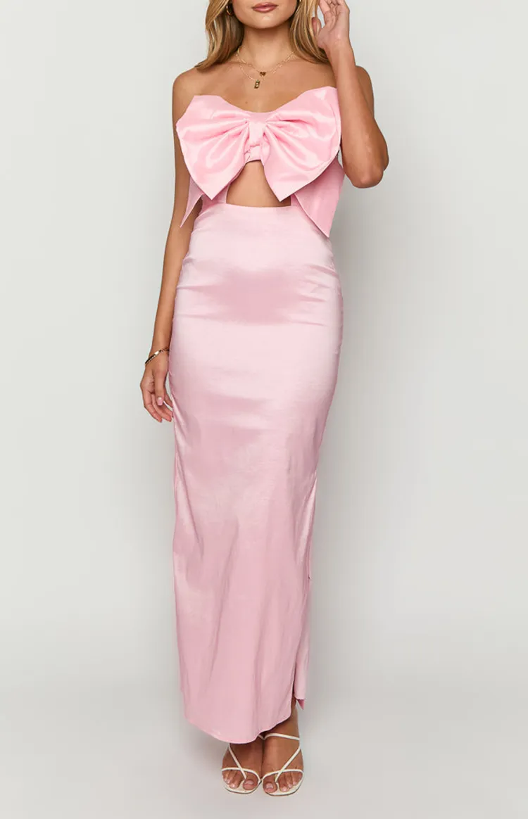 Pink Bow Front Satin Maxi Dress