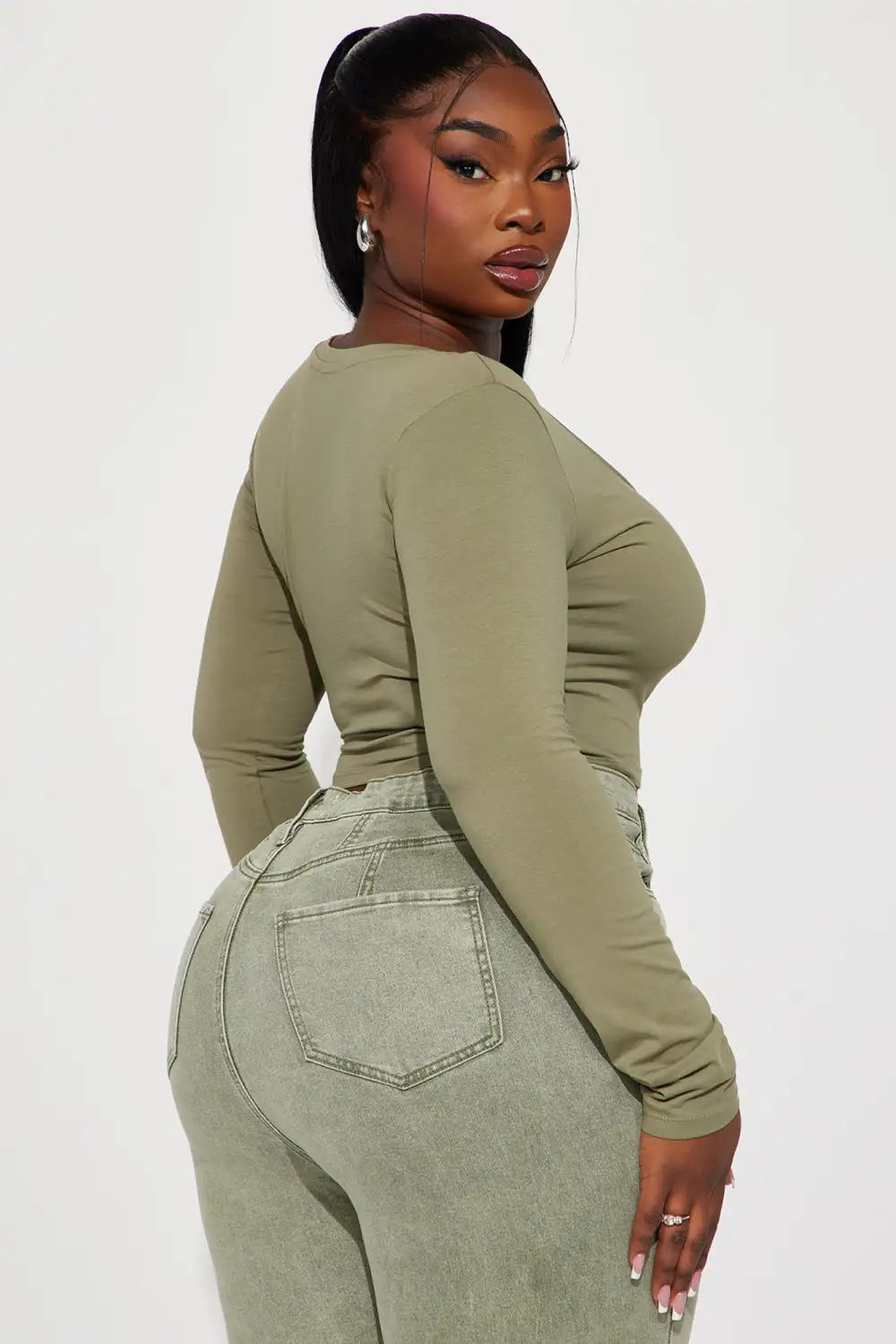 Carly V Neck Crop Long Sleeve Tee - Olive