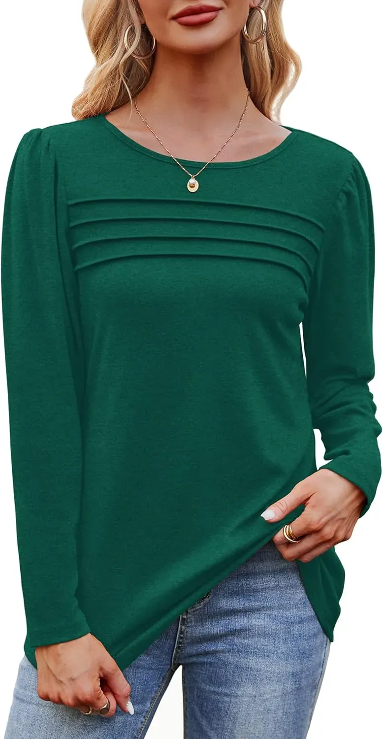 OFEEFAN Long Sleeve Shirts for Women Fall Fashion 2024 Dressy Casual Blouses Trendy Pleated Tunic Tops for Leggings