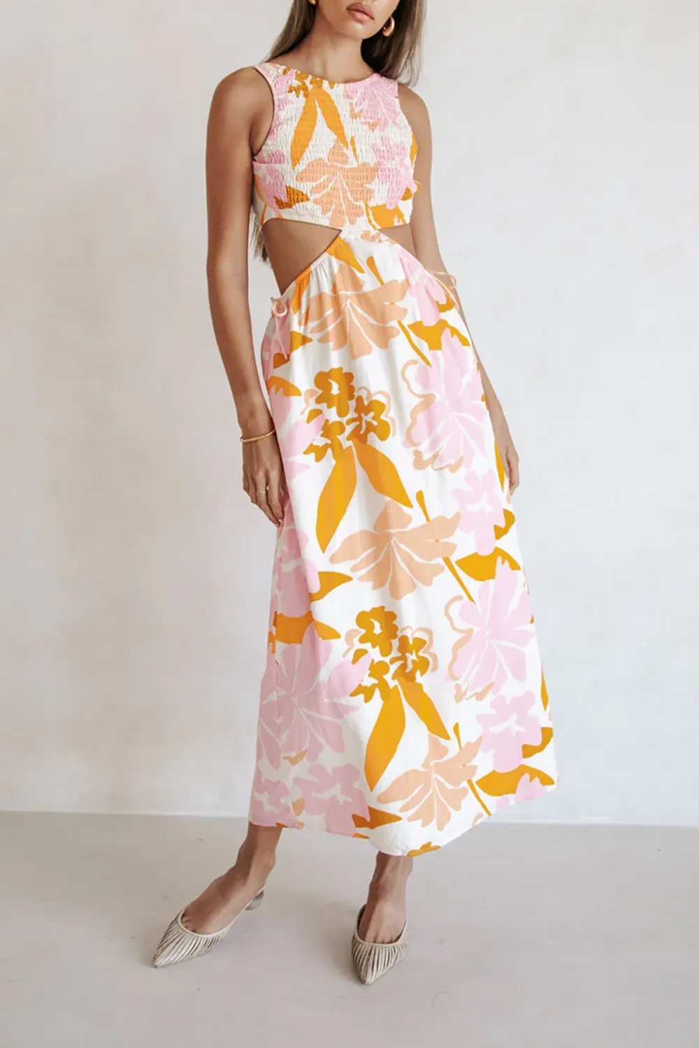 Cut Out Floral Print Midi Dress