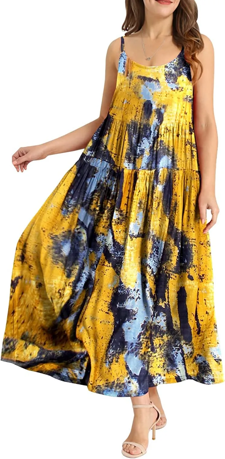 Summer Dresses for Women Casual Loose Bohemian Floral Dress with Pockets Spaghetti Strap Maxi Dress E75
