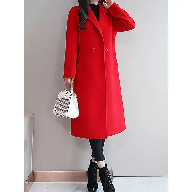Women's Winter Coat Long Overcoat Double  Breasted Lapel Pea Coat Thermal Warm Windproof Trench Coat Stylish Contemporary Modern Jacket Long Sleeve with Pockets Black Yellow Red