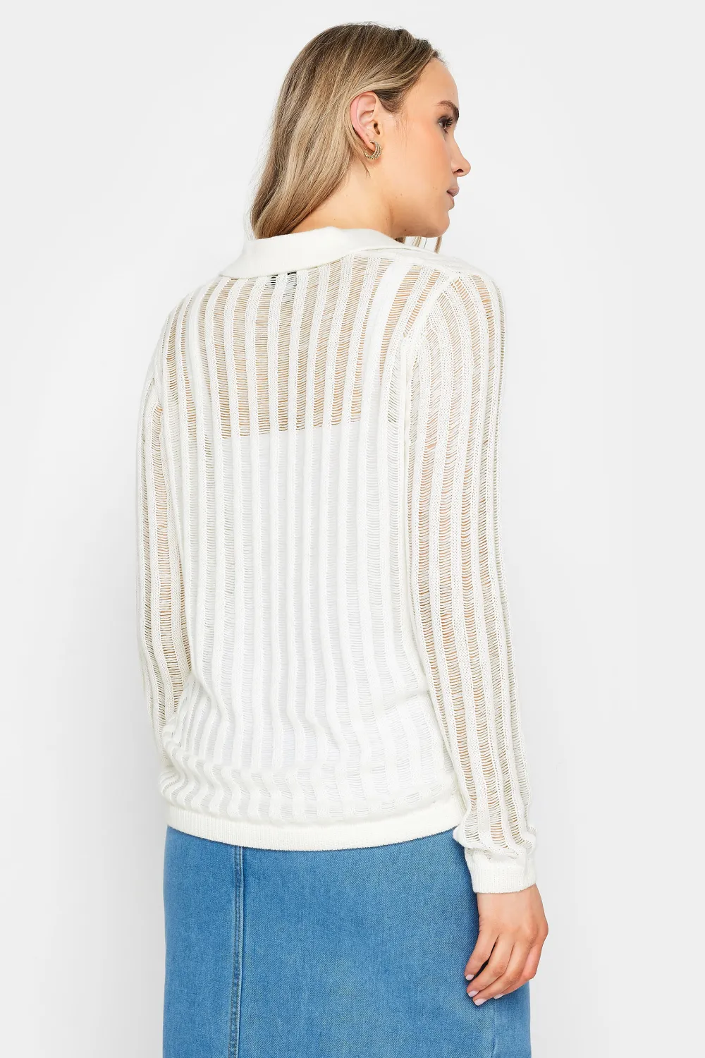 LTS Tall Ivory White Collared Crochet Jumper