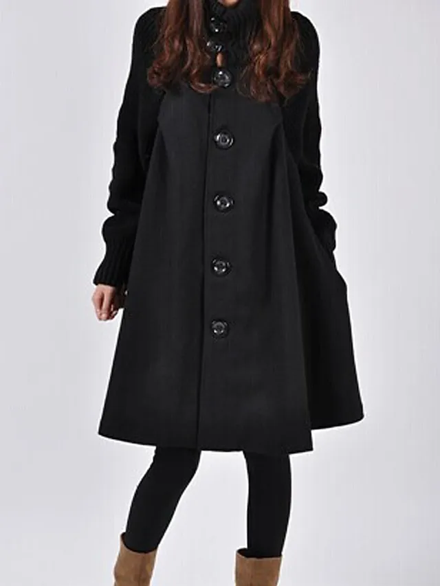 Women's Winter Coat Cloak / Capes Long Coat Winter Coat Single Breasted Thermal Warm Trench Coat Single Breasted Stand Collar Loose Fit Outerwear Long Sleeve Black