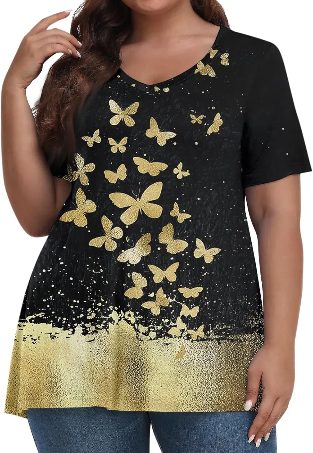 Plus Size Tops for Women Dressy Short Sleeve V Neck Shirts for Women Summer Tops for Women 2024 Floral Print Top