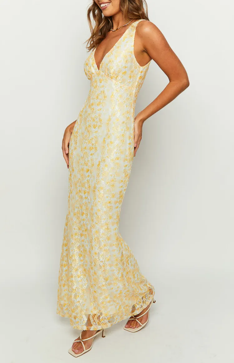 Yellow Floral Lace Maxi Dress
