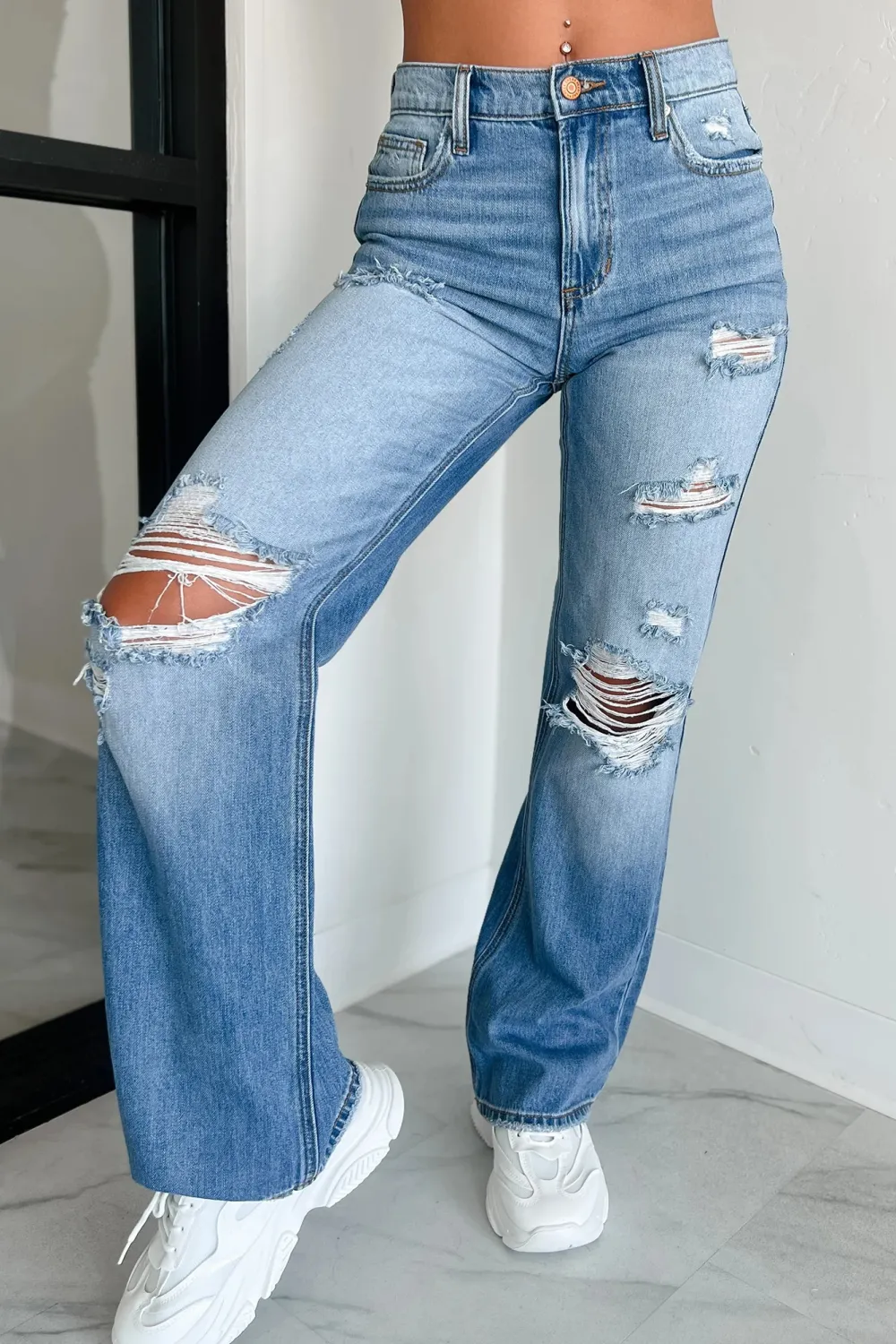 Mid-Rise Distressed Sneak Peek Straight Leg Jeans