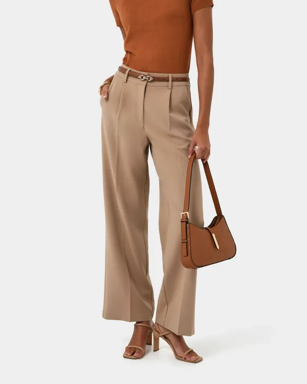 Straight Wide Leg Silhouette Pants -Warm Taupe