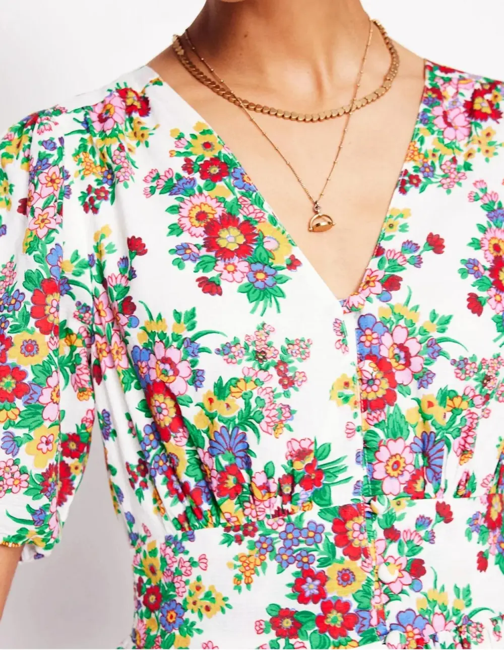 White and Pink Floral Short - Sleeve Wrap Dress