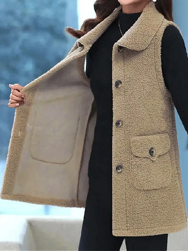 Women's Teddy Vest Long Teddy Coat Fall Sherpa Jacket Fleece Warm Zipper Vest with Pockets Winter Long Coat Windproof Warm Modern Style Sleeveless Plain Pink Red Khaki