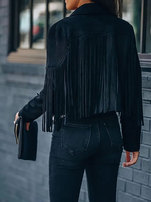 Women's Casual Jacket Going out Fall Tassel Fringe Rusty Regular Coat Regular Fit Breathable Bohemian Style Jacket Long Sleeve Solid ColorWhite Black