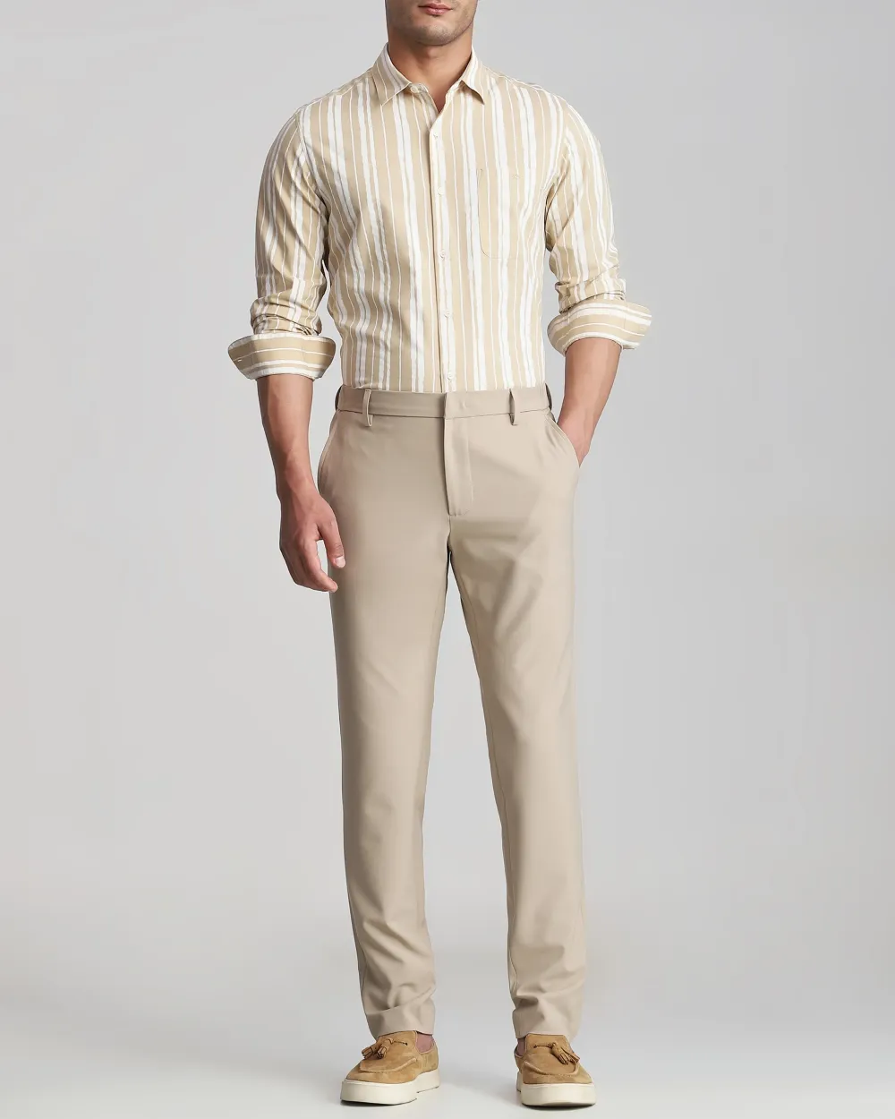 Classic Versatile Soft Slim-Fit Straight-Leg BeigeTrousers