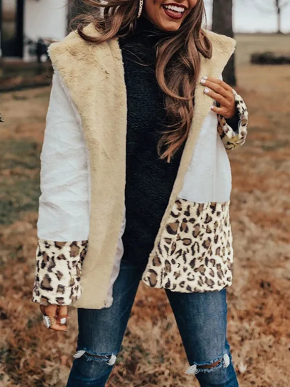 Casual Leopard-Painted Lapel Plush Thermal Long-Sleeve Coat