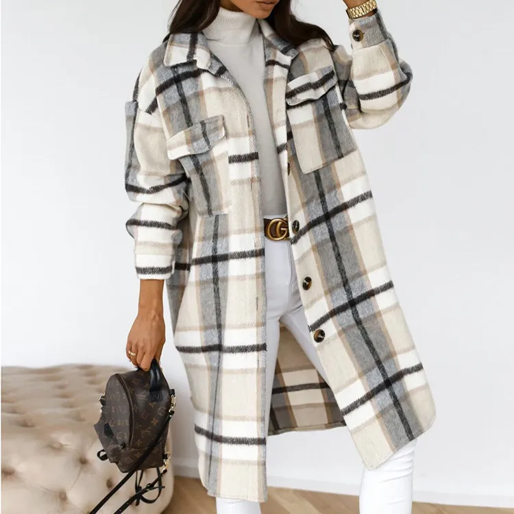 Long-sleeve Plaid Brushed Mid-length Shirt Coat