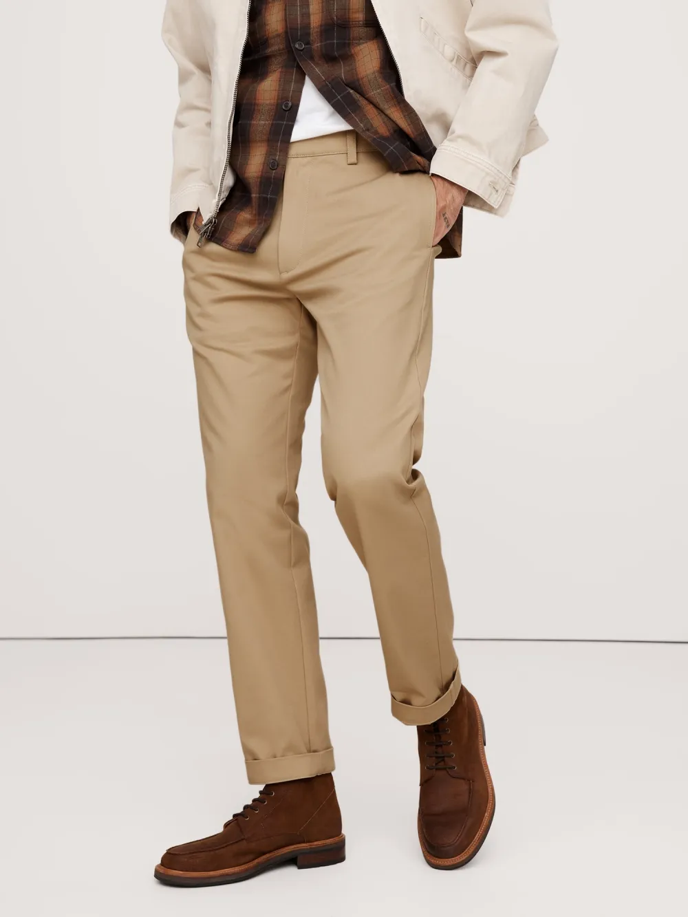 Men's Straight Khaki Beige Cotton Stretch Trousers