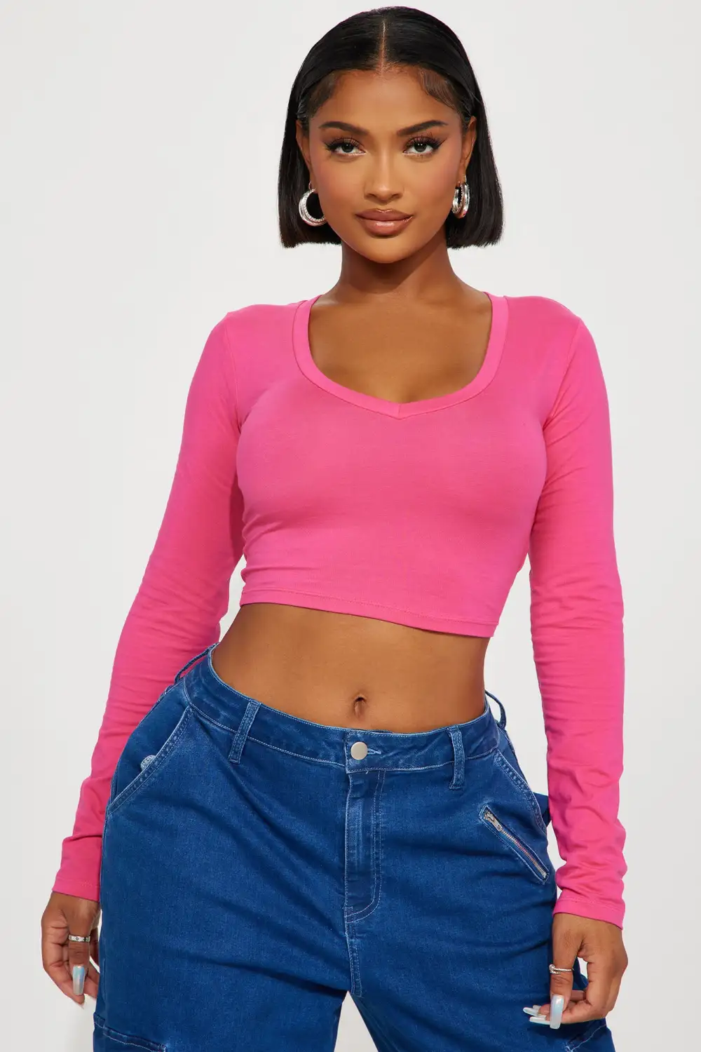 Carly V Neck Crop Long Sleeve Tee - Fuchsia