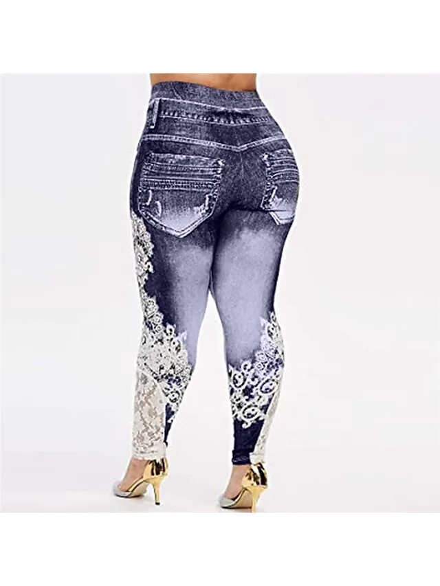 Women's Chinos Pants Trousers Leggings Full Length Faux Denim Lace Pocket Micro-elastic Streetwear Casual Daily Going out Black Pink L XL Fall Winter