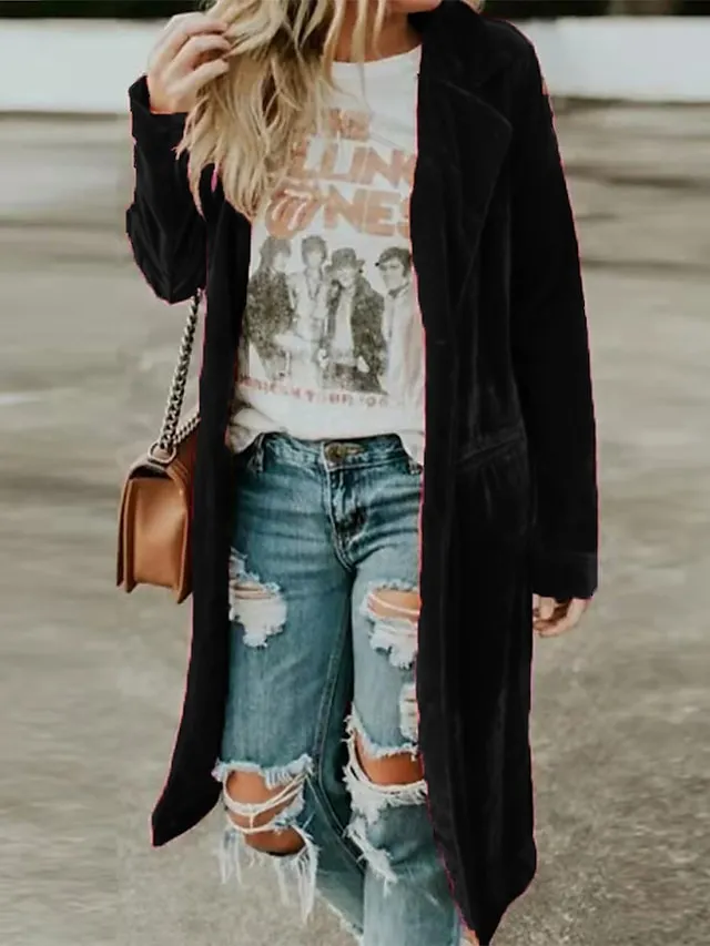 Women's Coat Velvet Casual Jacket Holiday Christmas Valentine's Day Fall Long Coat Windproof Jacket Long Sleeve Solid Color Pocket Black Yellow Grey