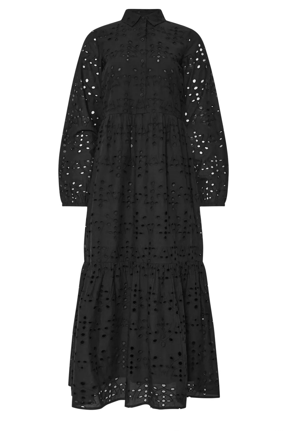 Casual Style Black Broderie Tiered Maxi Dress