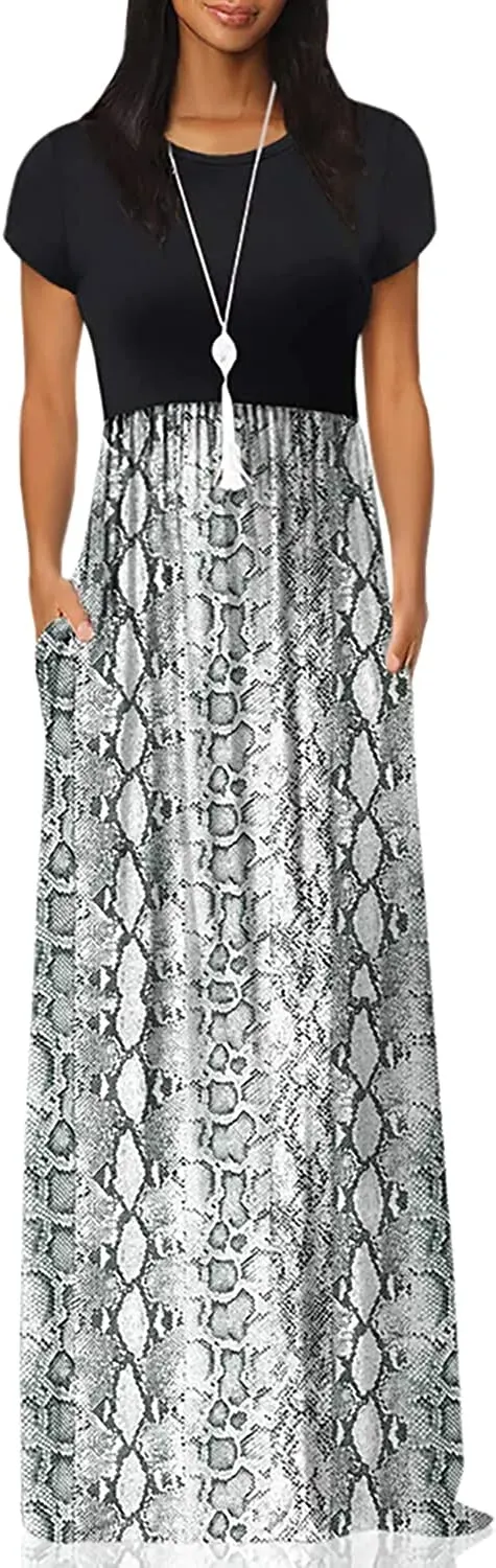 Women's Short Sleeve Loose Plain Maxi Dresses Casual Long Dresses with Pockets