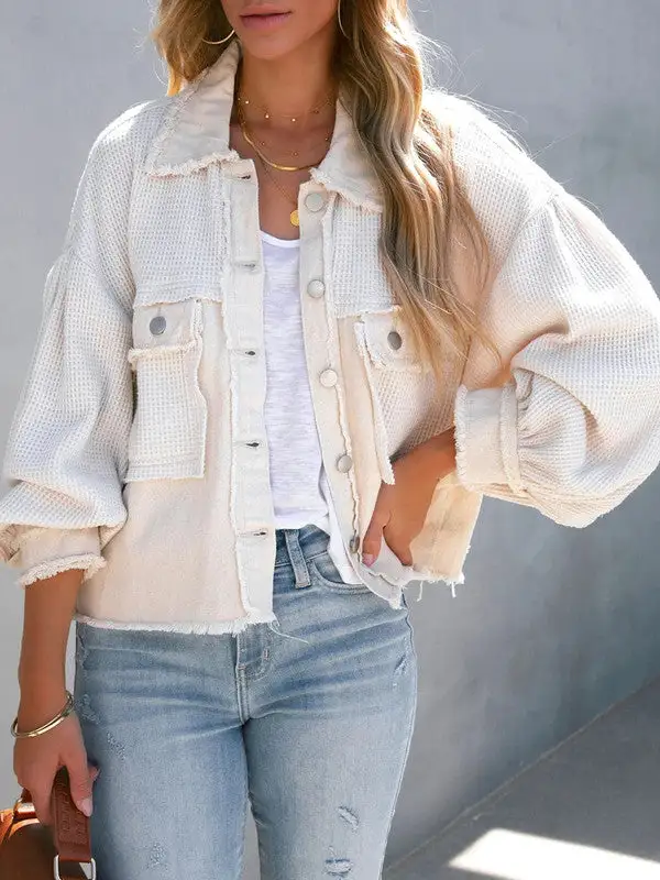 Waffle Patchwork Buttons Wash Jacket