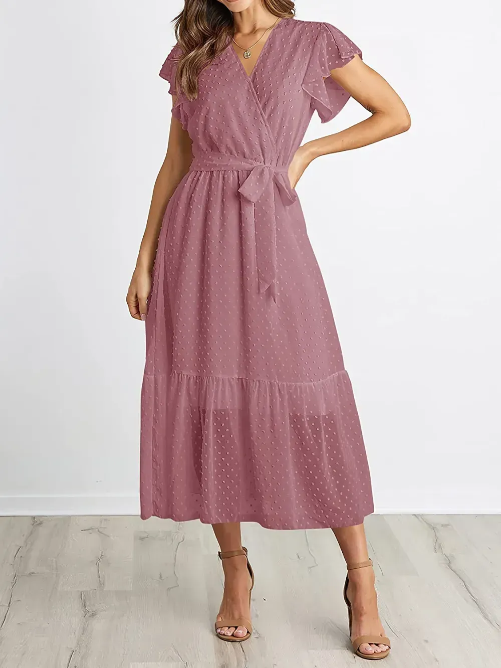 Women Summer Bohemian Floral Casual Wrap V Neck Ruffle Cap Sleeveless Belt A-Line Pleated Hem Swing Midi Sun Dress