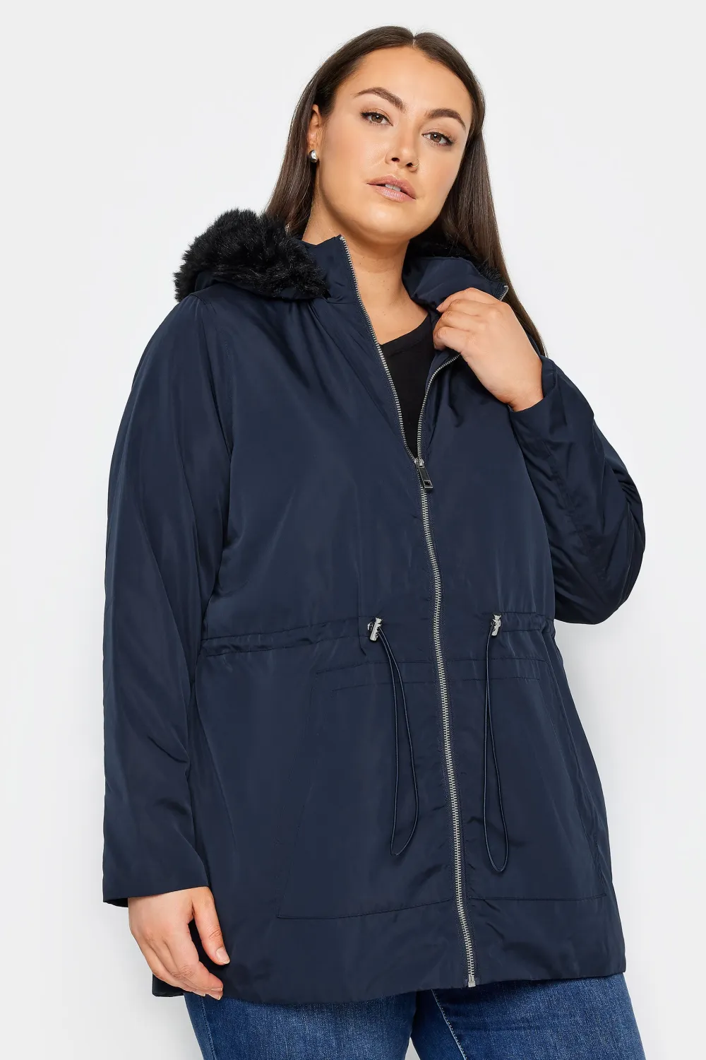 Evans Navy Blue Faux Fur Hooded Parka Coat