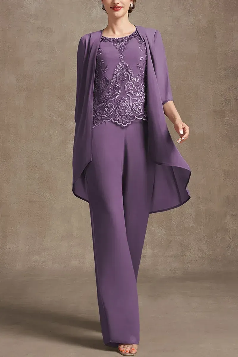 Plus Size Embroidery Chiffon Three Pieces Set Pant Suits