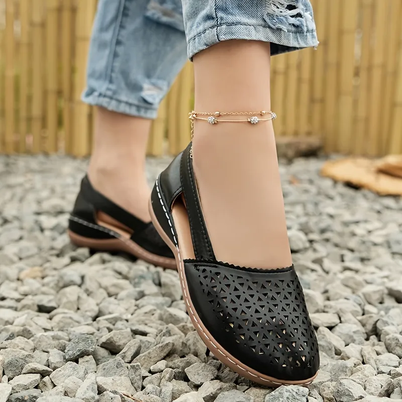 Women's Hollow Out Flat Sandals, Solid Color Cut-out Closed Toe Slip On Shoes, Casual Faux Leather Shoes