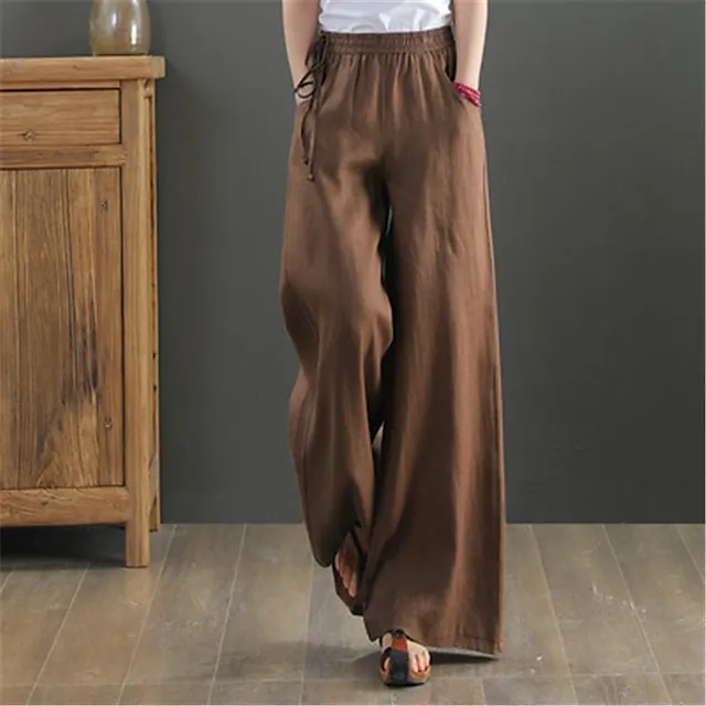 Women's Wide Leg Pants Trousers Baggy 100% Cotton Baggy Mid Waist Fashion Streetwear Office Work Black White S M Autumn / Fall Spring & Summer