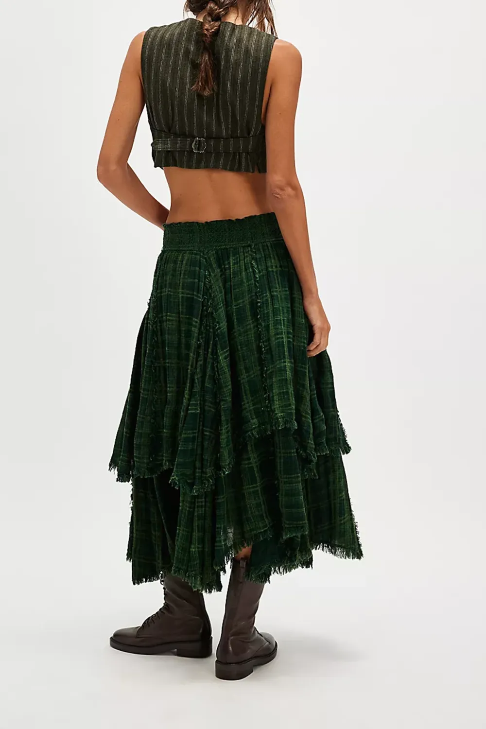Plaid Patchwork Asymmetric Midi Skirt