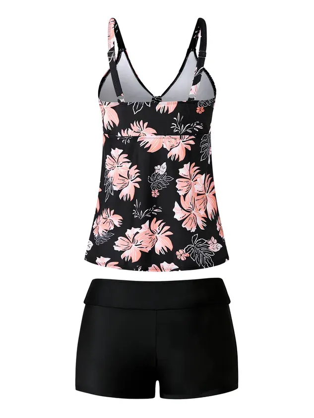 Vacation Floral Printing Scoop Neck Tankinis Two-Piece Set