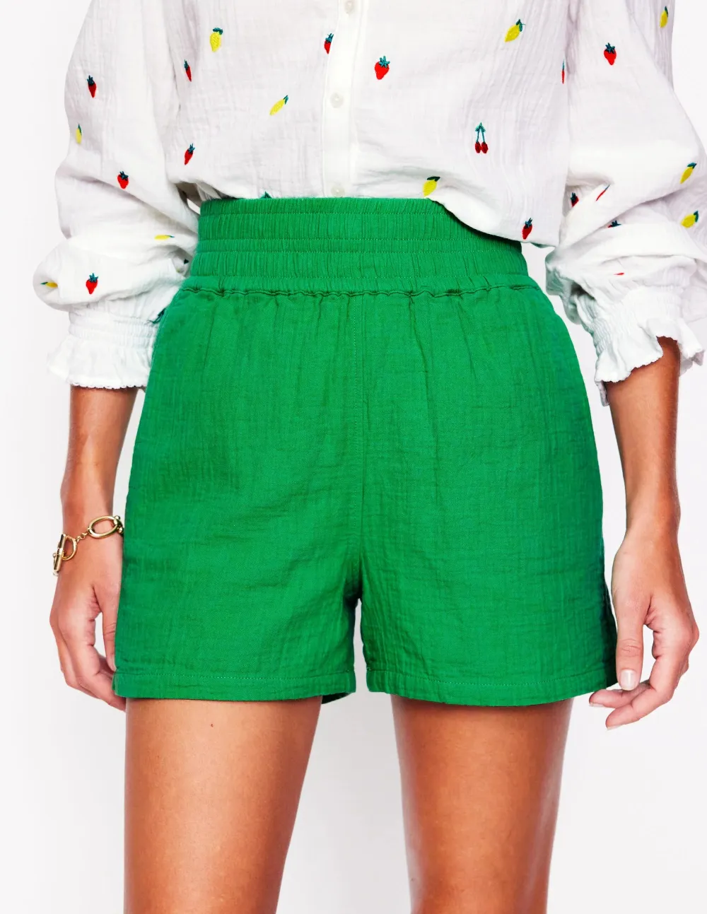 Smocked Double Cloth Shorts -Sapling Green