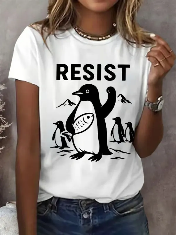 Women'S T-Shirt Women'S Penguins Resist Print Round Neck T-Shirt