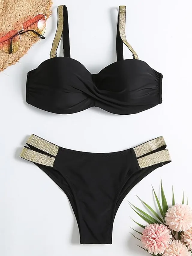 Women's Swimwear Bikini Normal Swimsuit Glitter 2 Piece Deep V Solid Color Black White Green Bathing Suits Sexy Beach Wear Push Up