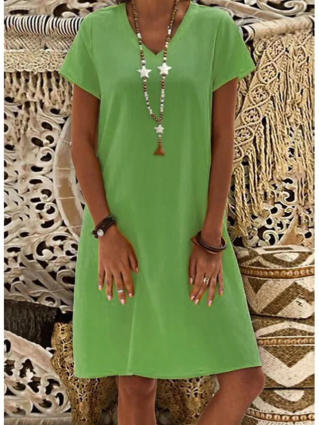 Women's Casual Dress Casual Dress Shift Dress Pure Color Pocket V Neck Midi Dress Basic Daily Vacation Short Sleeve Loose Fit Black Yellow Light Green Summer Spring S M L XL XXL