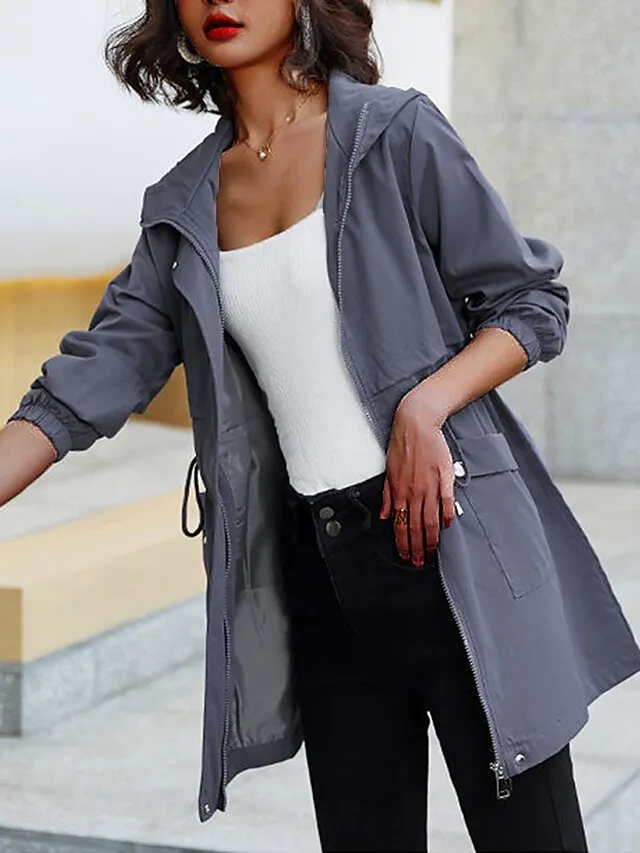 Women's Trench Coat Fall Outdoor Zipper Plain Breathable Streetwear Regular Fit Outerwear Long Sleeve Black M