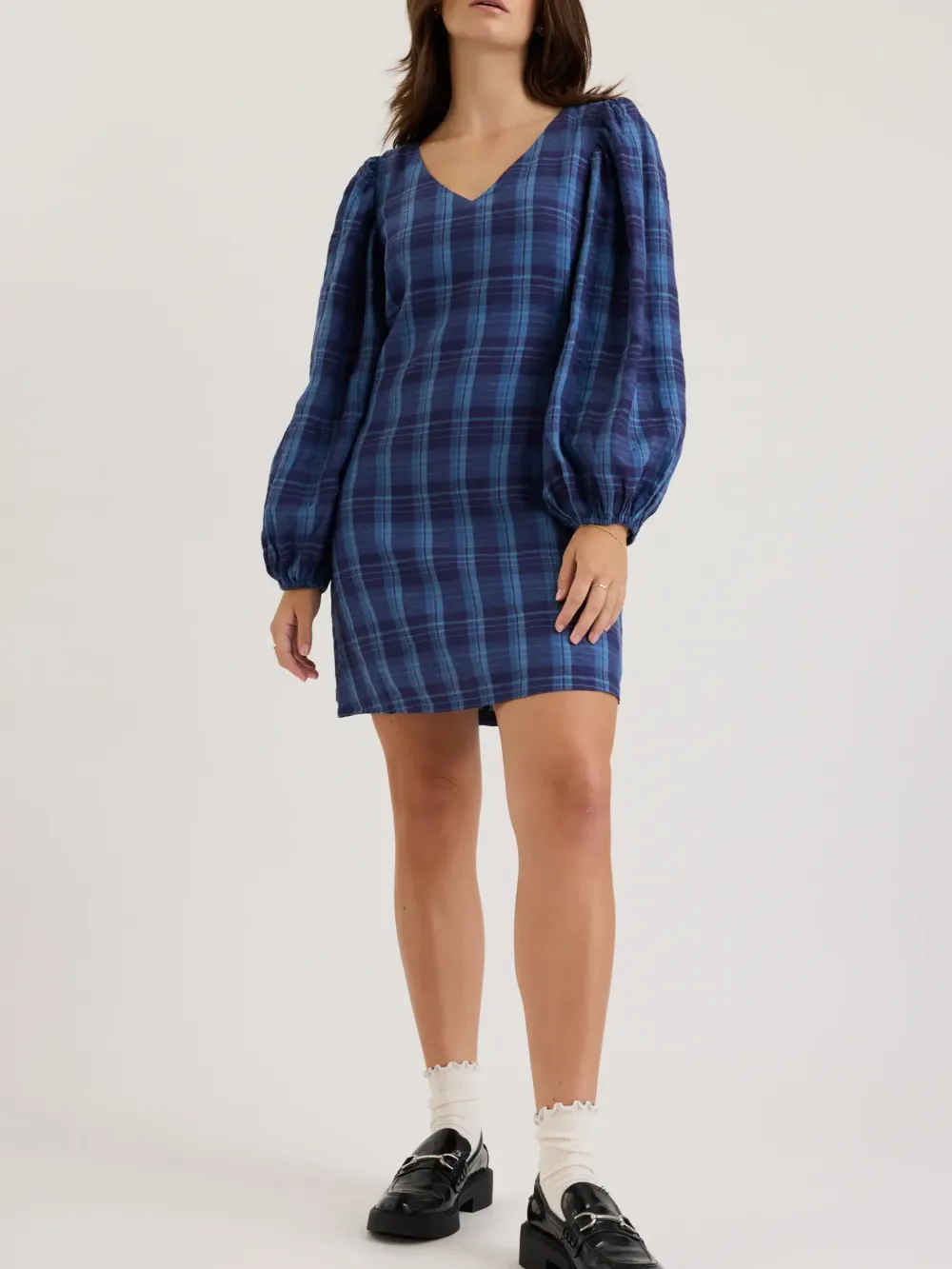 Indigo Check Linen Check Dress