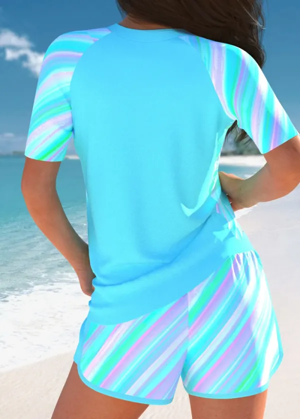 Patchwork Drawstring Ombre Cyan Tankini Set