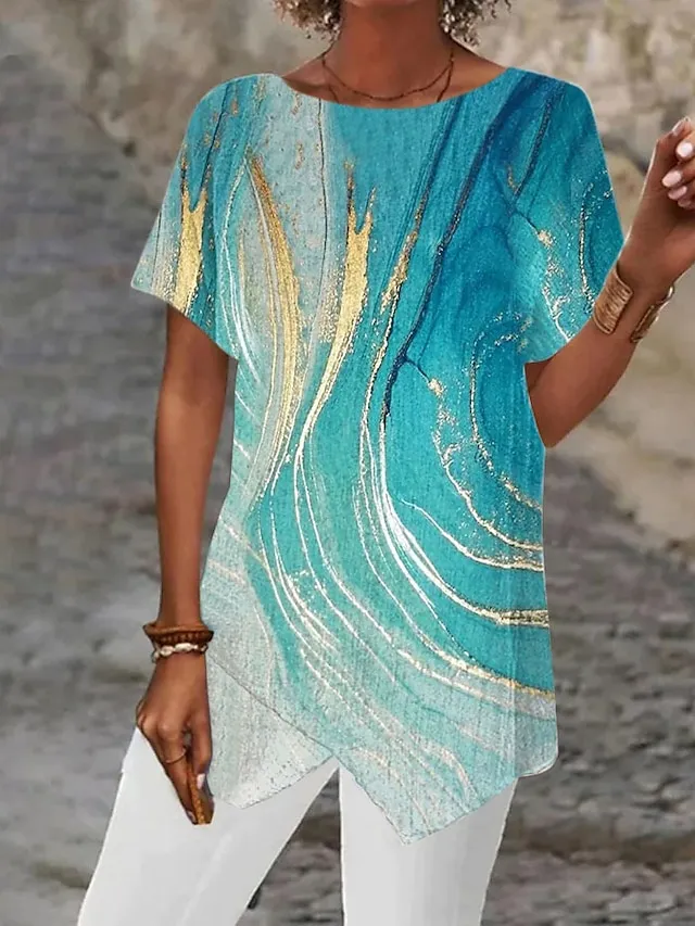 Women's Shirt Blouse Silver Black White Graphic Abstract Asymmetric Print Short Sleeve Casual Basic Round Neck Regular Fit