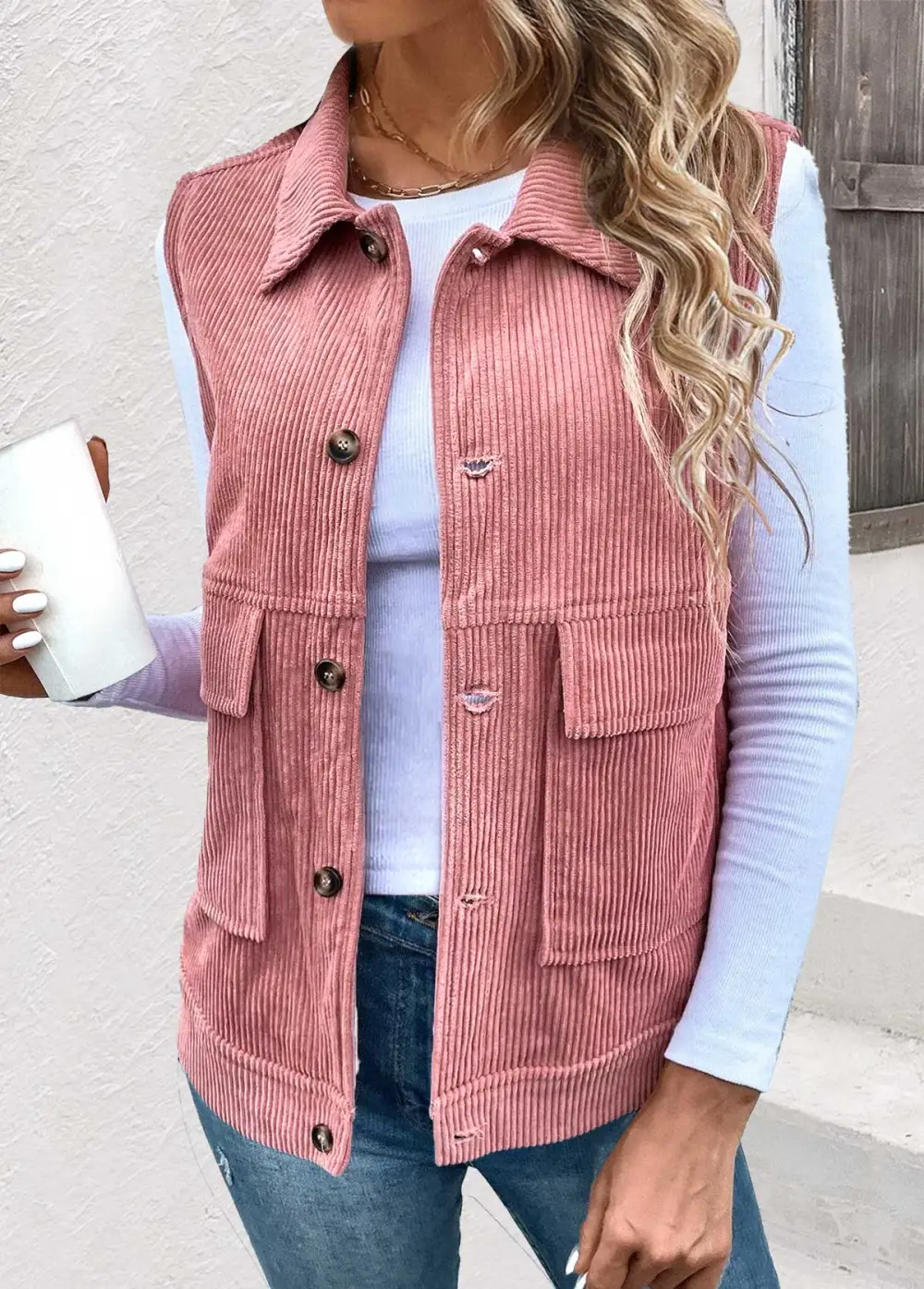 Dusty Pink Button Up Turn Down Collar Corduroy Waistcoat