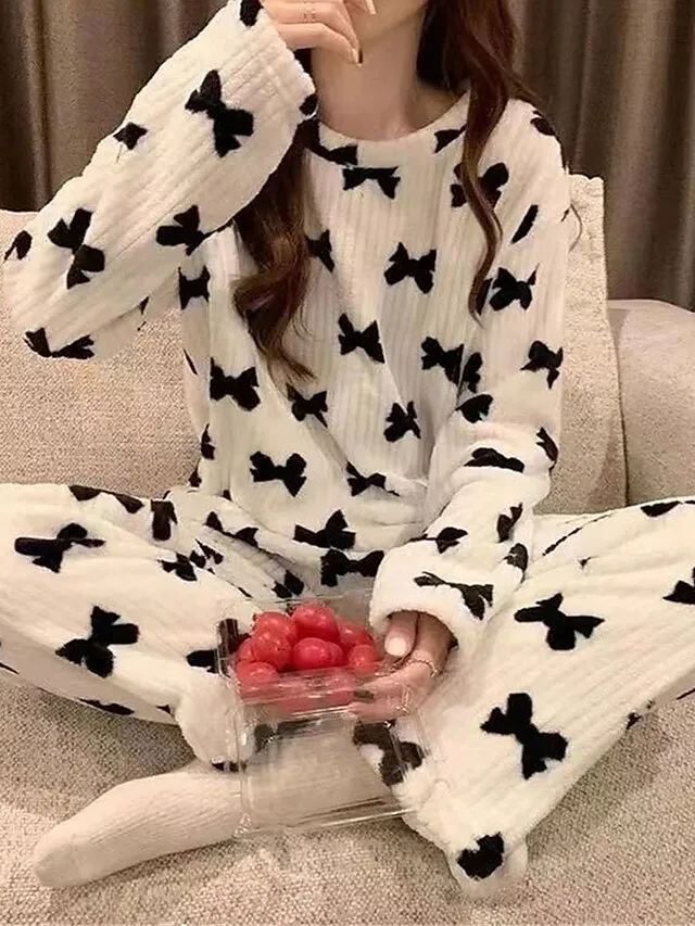 Women‘s Fleece Pajamas Sets Fluffy Fuzzy Warm Pajama Fruit Bear Plush Casual Comfort Home Daily Bed Coral Fleece Coral Velvet Warm Crew Neck Long Sleeve Pant Fall Winter Black bow Peach Pink