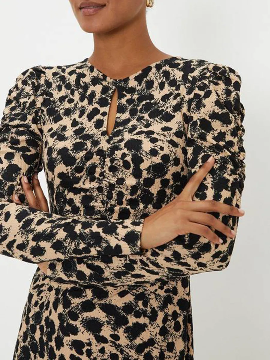 Leopard Print Long Sleeve Midi Dress with Puff Shoulders