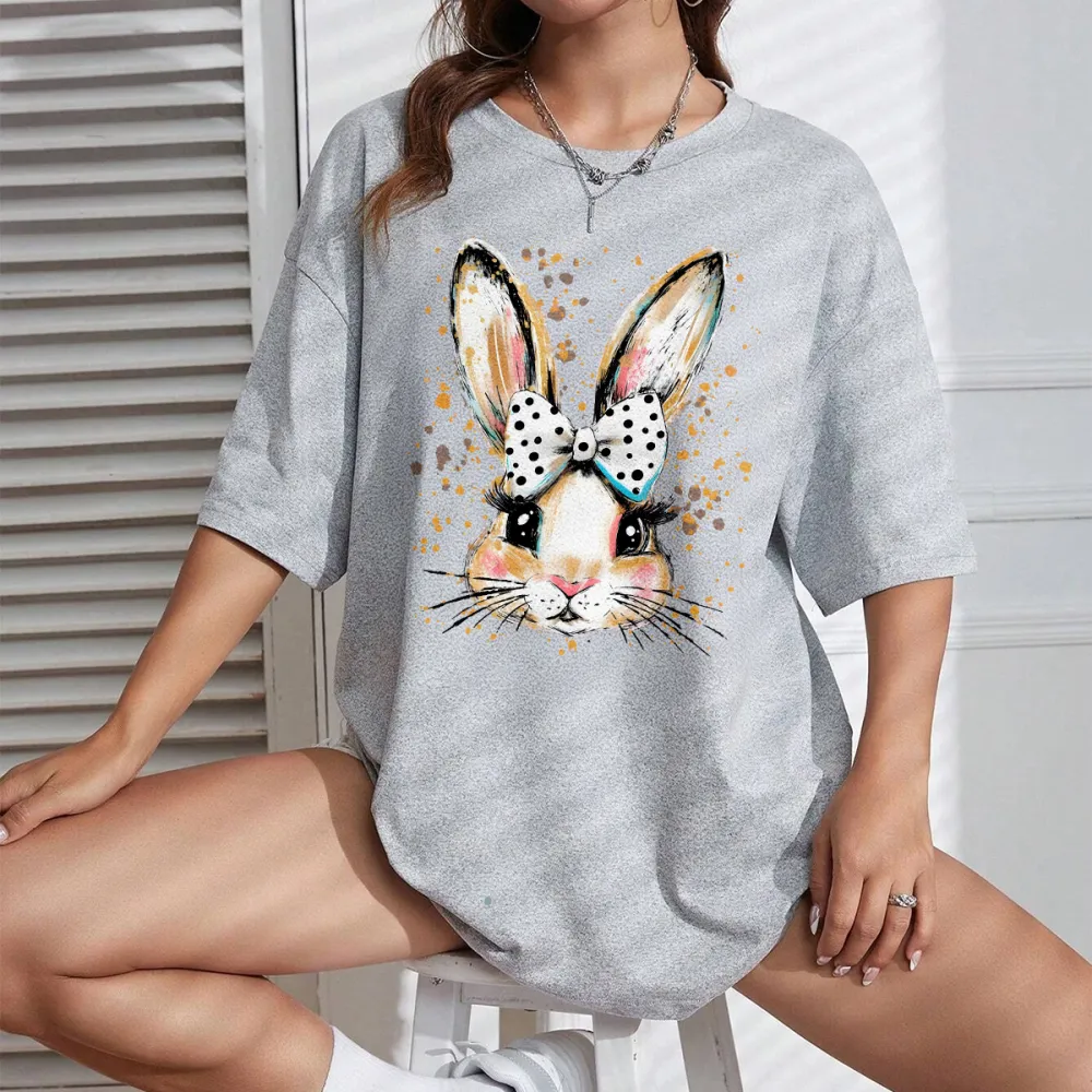 Easter Hand Drawn Bunny Printed Round Neck Short Sleeve T-Shirt